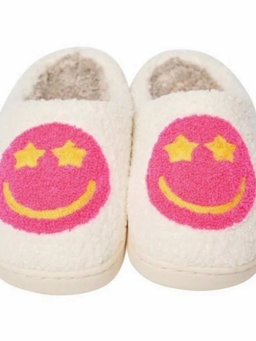 Women’s Smiley Face Slippers in White & Pink NWT